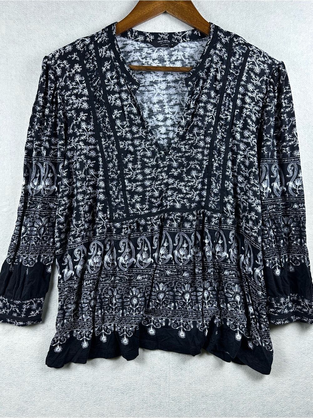 Lucky Brand Boho Peplum Top XL Black Floral 3/4 Sleeve Blouse